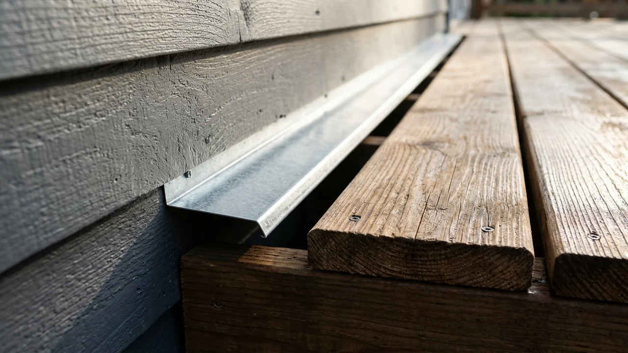 Metal flashing is installed between the deck boards and house wall with the top of the flashing extending up behind the siding and the bottom extending out and down over the ledger board