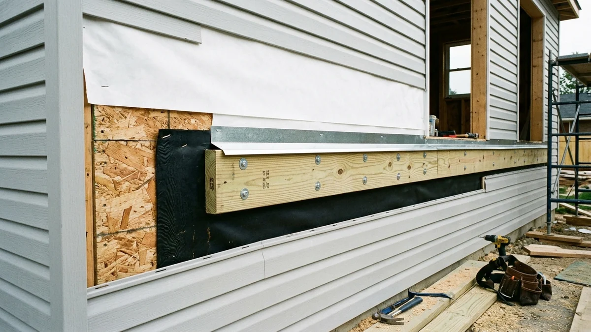 House siding removed for a deck ledger board installation with continuous flashing with a drip edge