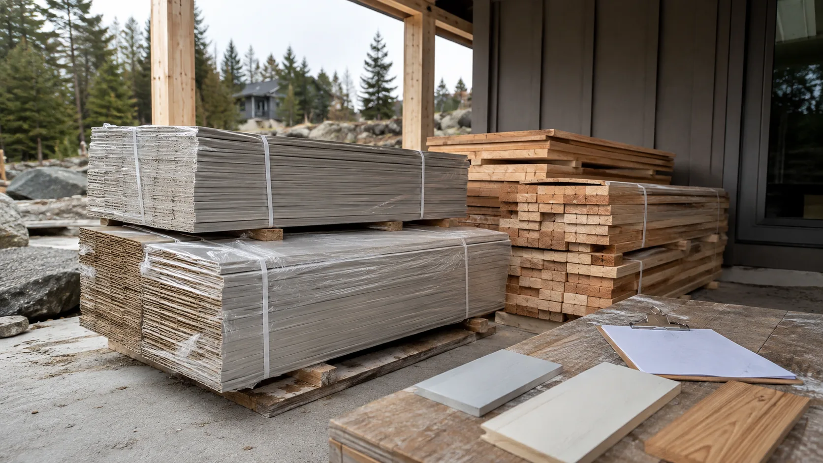 Protected construction materials organized for a delivery check