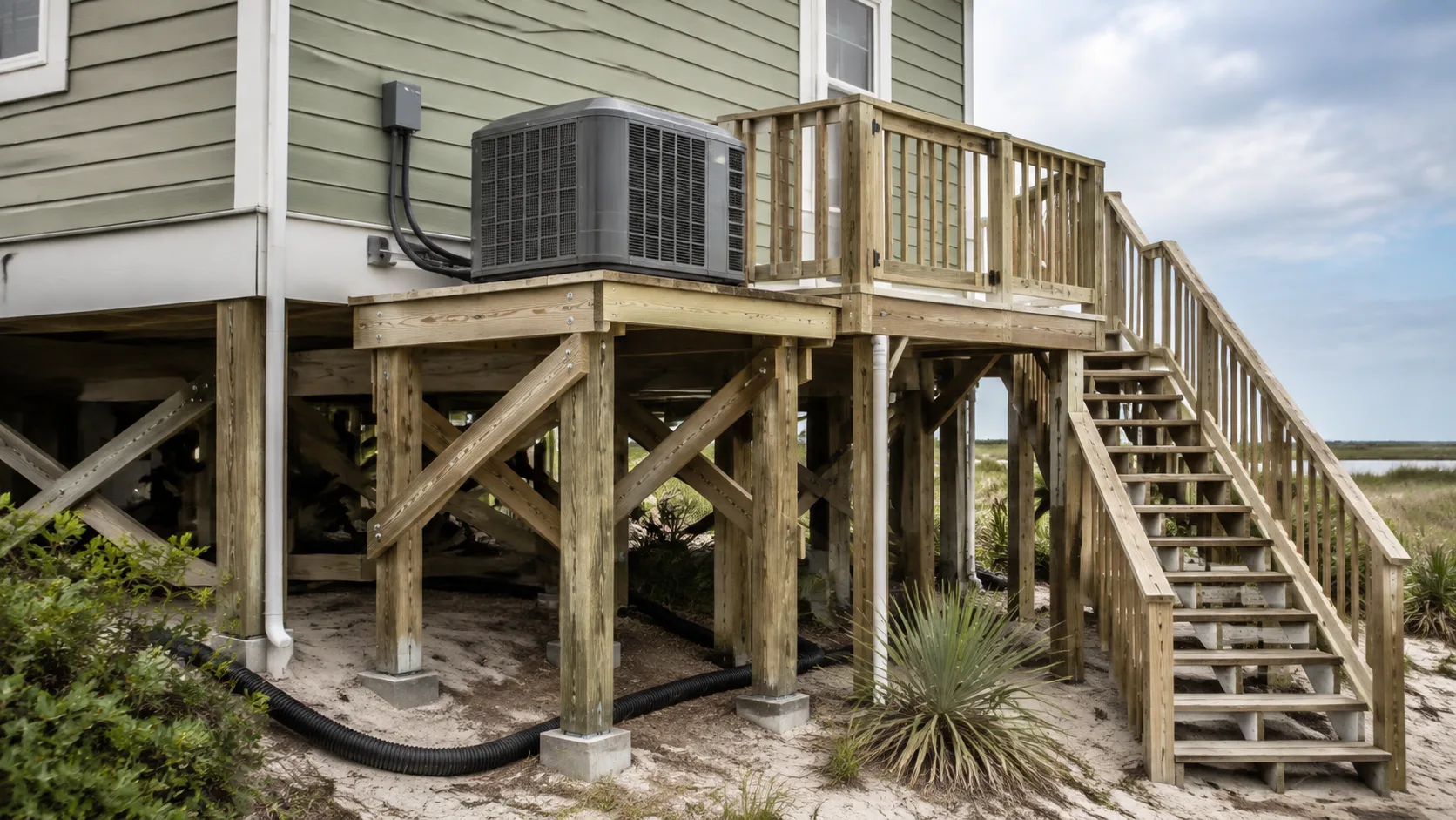 Outdoor mechanical equipment on an elevated service platform