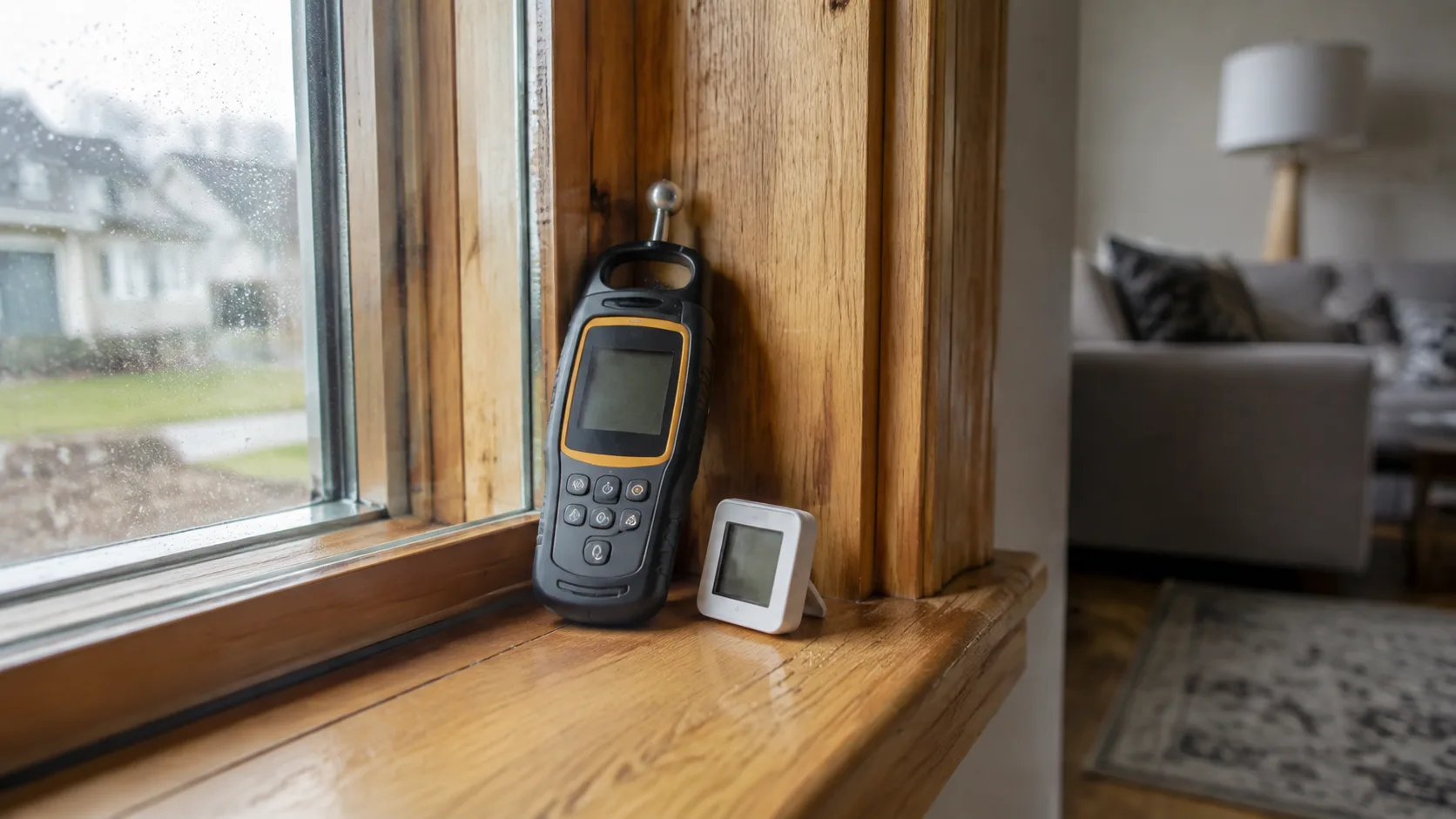 Moisture measurement tools beside an interior window