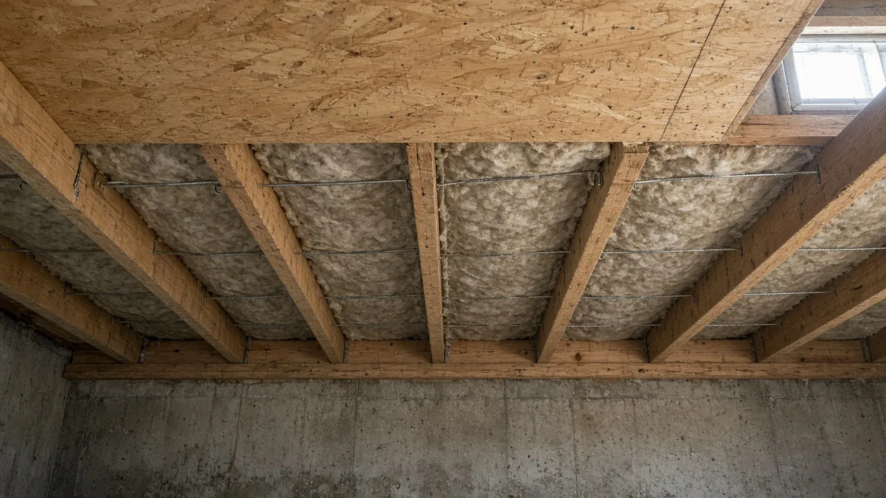Fibrous insulation held against the underside of a plywood subfloor between floor joists