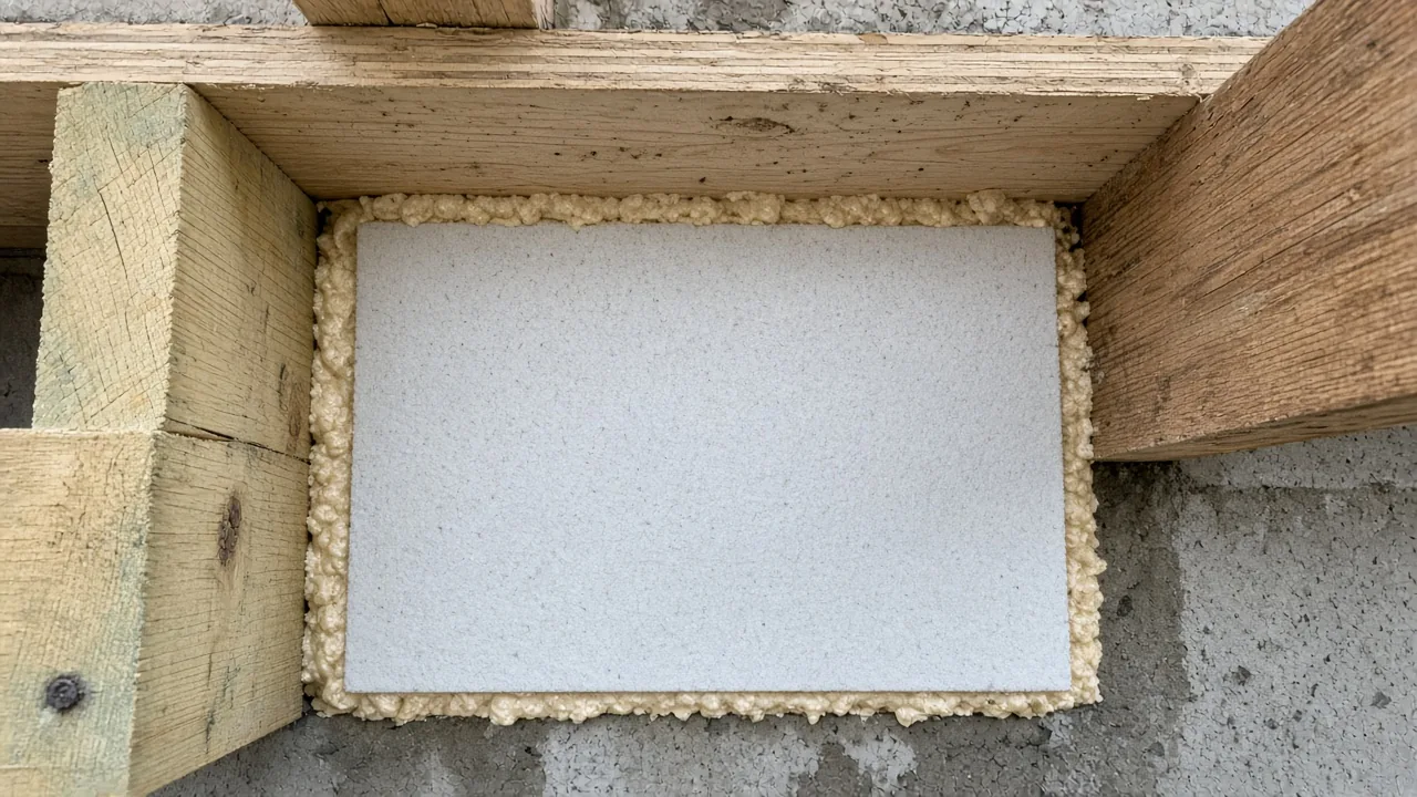Rigid foam board in a joist bay with spray foam sealing the board perimeter