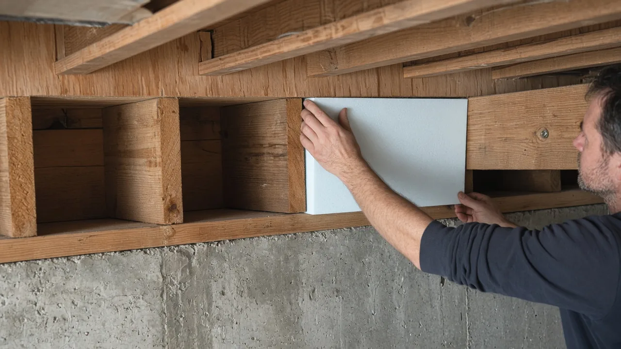 Carpenter fitting a rigid foam board into a wood rim joist bay above a concrete foundation
