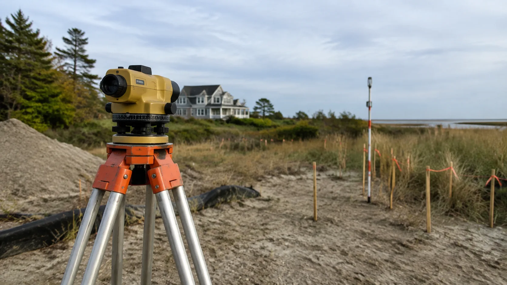 Survey level and staff at a coastal building parcel