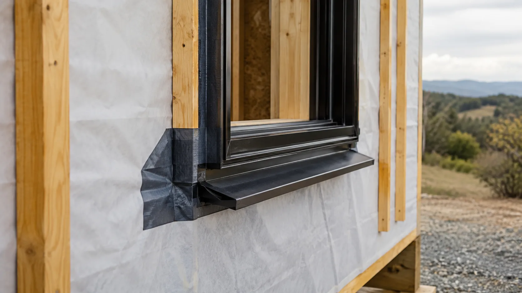 Window opening with weather barrier and sill flashing visible
