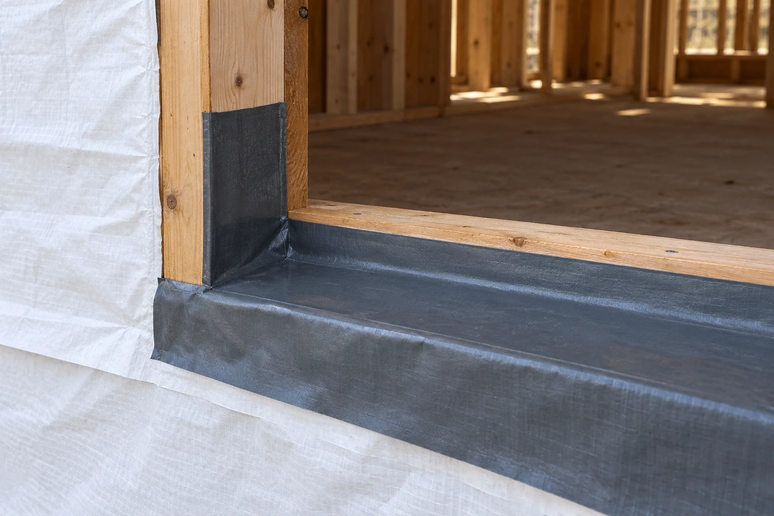 Sill membrane fitted tightly into the sill-to-jamb corner